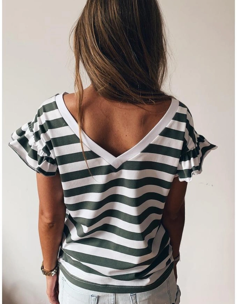 Sea Green Striped V Neck Ruffle Sleeve Top