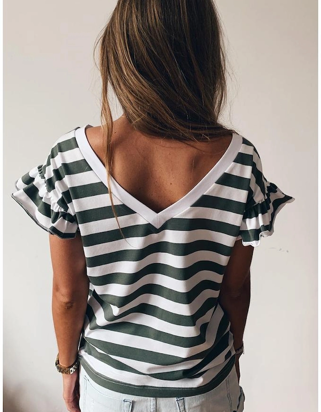Sea Green Striped V Neck Ruffle Sleeve Top