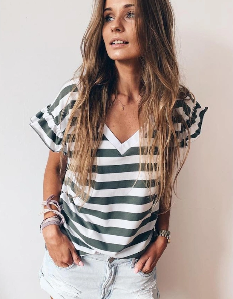 Sea Green Striped V Neck Ruffle Sleeve Top