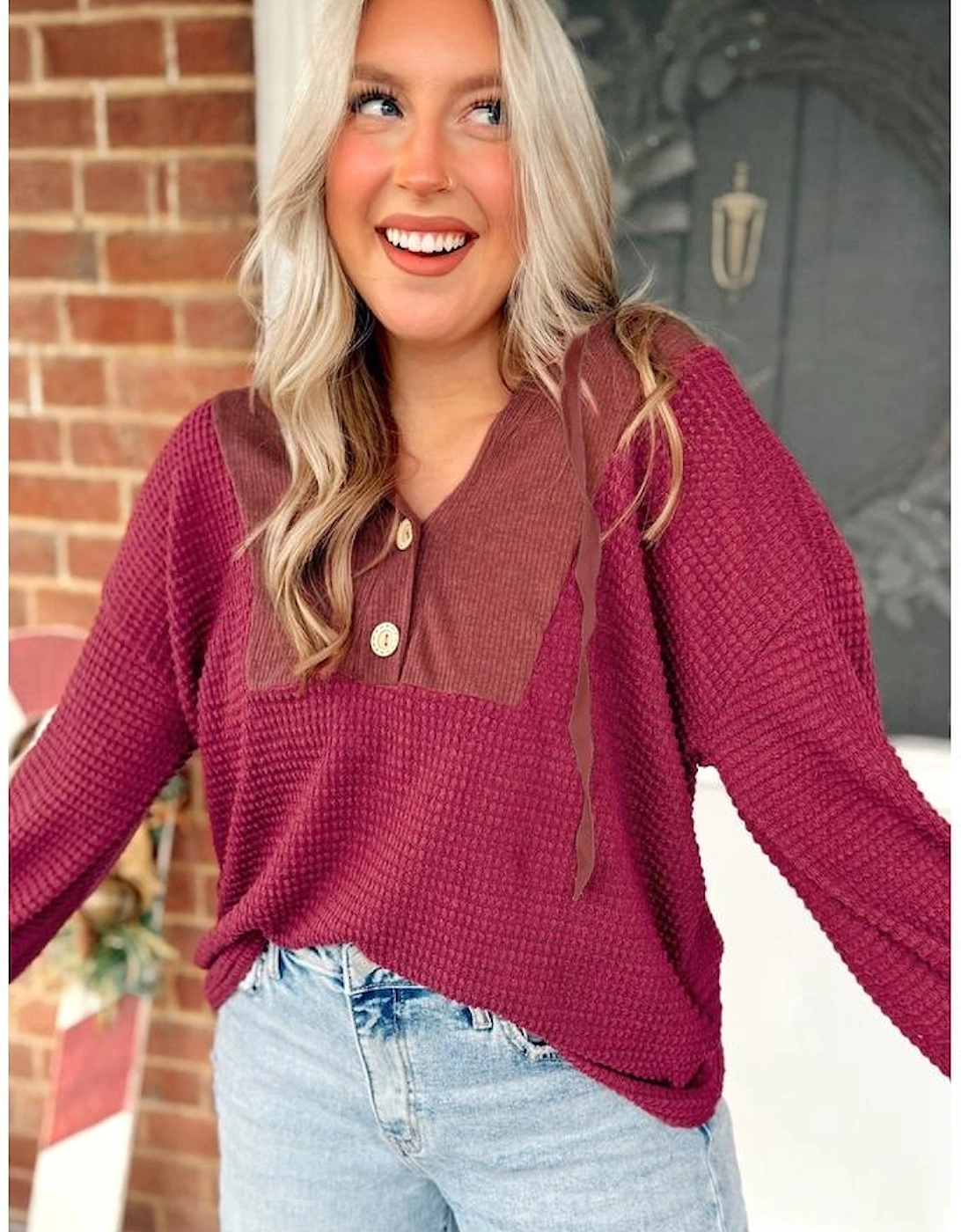 Racing Red Waffle Patchwork Drop Shoulder Hooded Long Sleeve Top