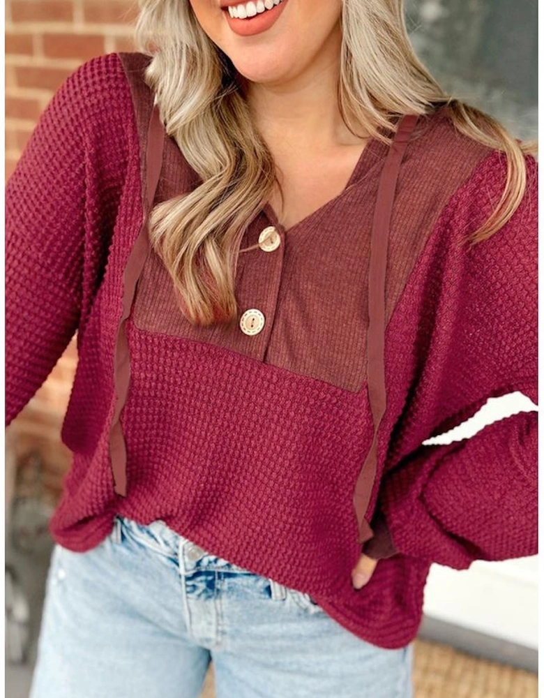 Racing Red Waffle Patchwork Drop Shoulder Hooded Long Sleeve Top