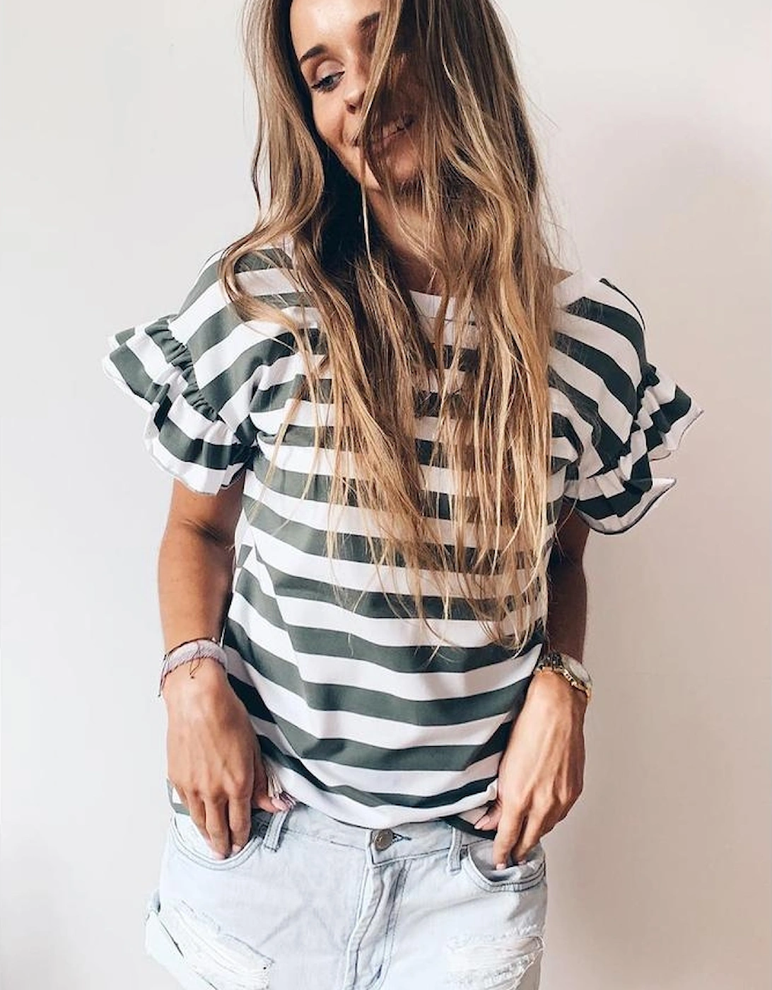 Sea Green Striped V Neck Ruffle Sleeve Top