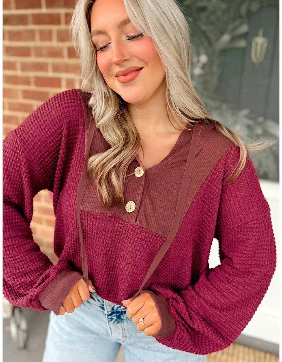 Racing Red Waffle Patchwork Drop Shoulder Hooded Long Sleeve Top