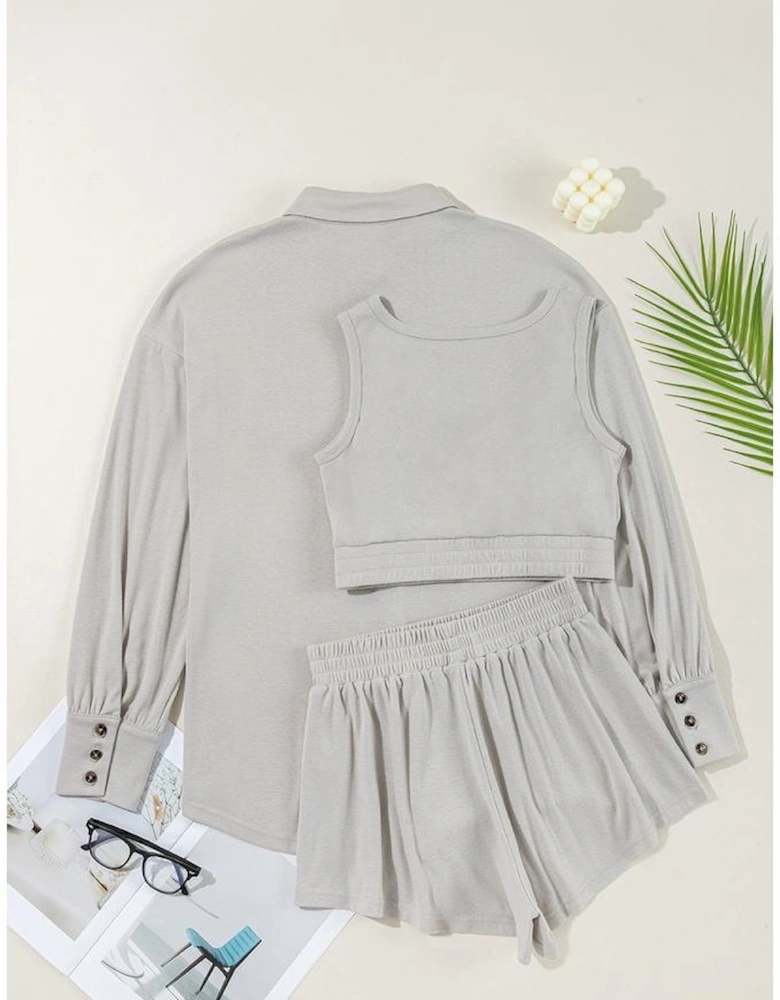 Gray 3 Pcs Crop Tank Top Shorts with Cardigan Lounge Set