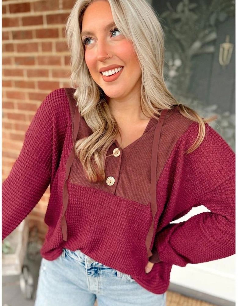 Racing Red Waffle Patchwork Drop Shoulder Hooded Long Sleeve Top