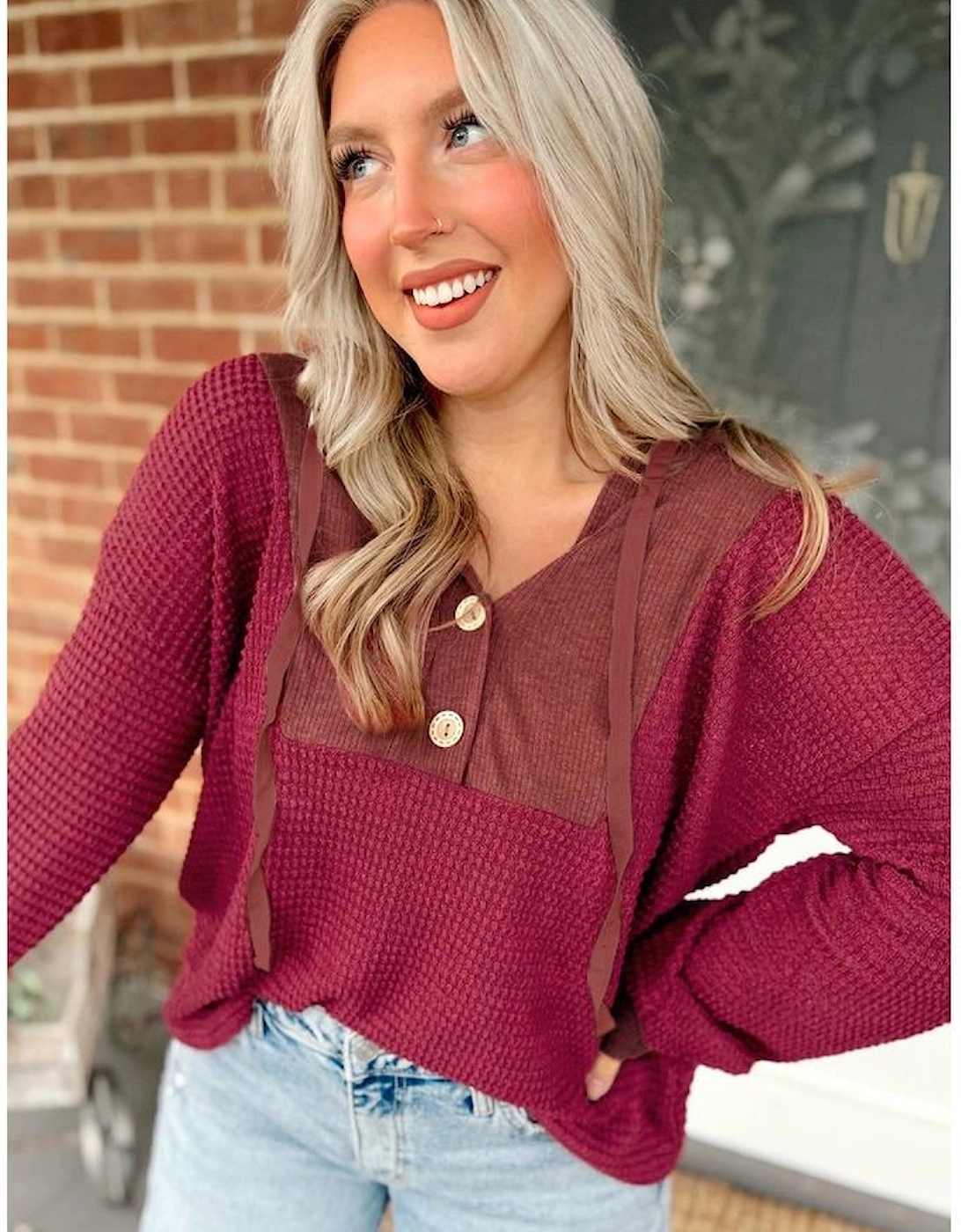 Racing Red Waffle Patchwork Drop Shoulder Hooded Long Sleeve Top