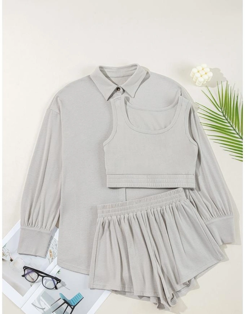 Gray 3 Pcs Crop Tank Top Shorts with Cardigan Lounge Set