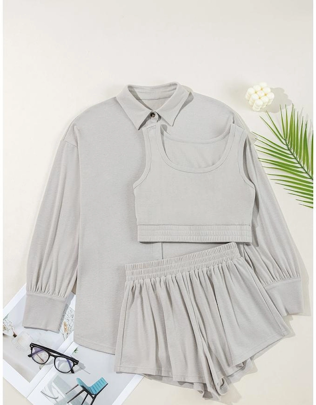 Gray 3 Pcs Crop Tank Top Shorts with Cardigan Lounge Set
