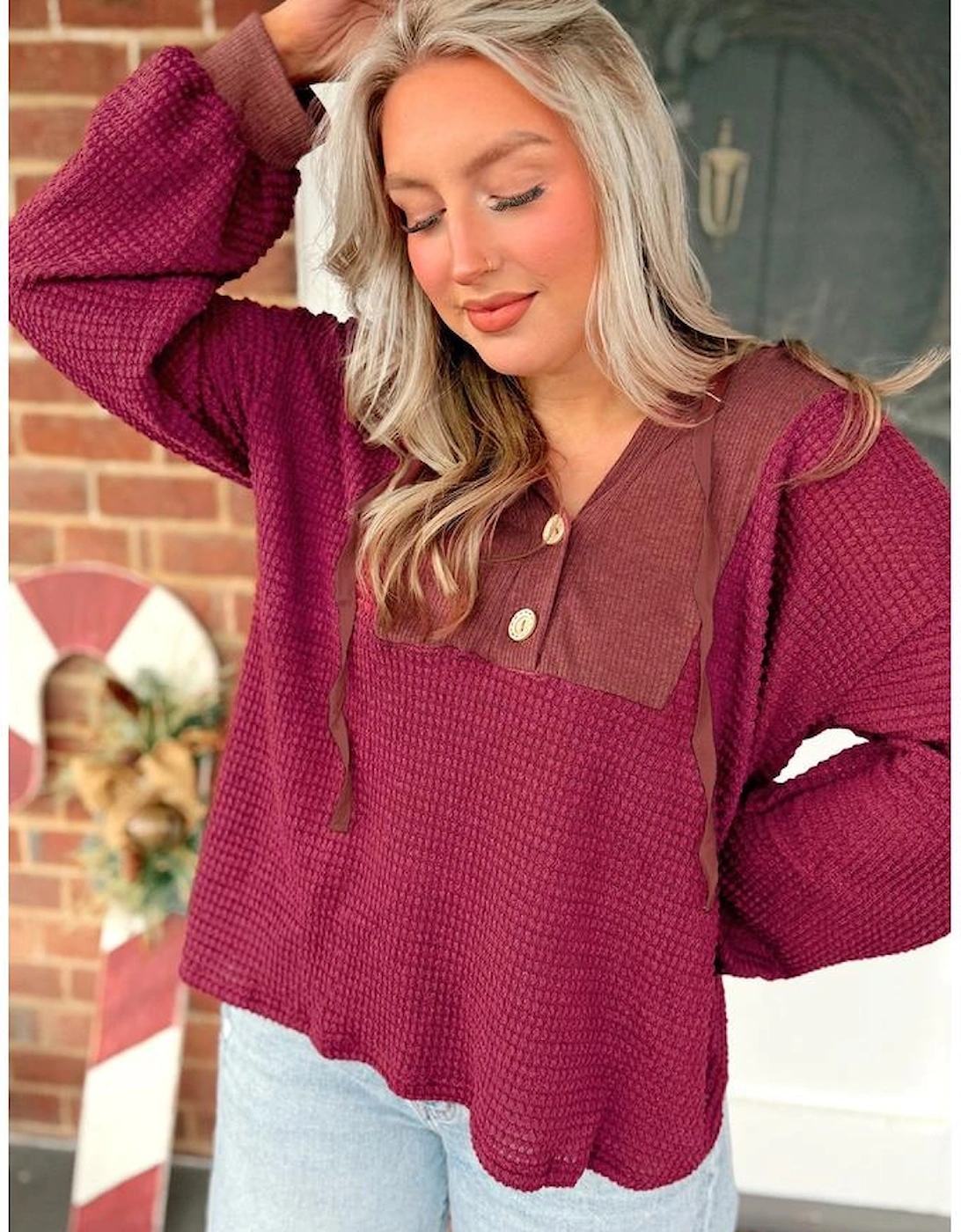 Racing Red Waffle Patchwork Drop Shoulder Hooded Long Sleeve Top, 6 of 5