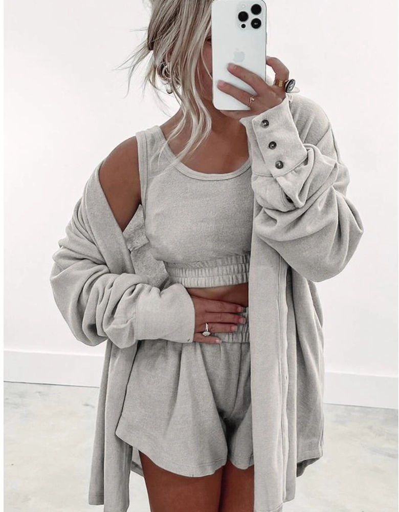 Gray 3 Pcs Crop Tank Top Shorts with Cardigan Lounge Set