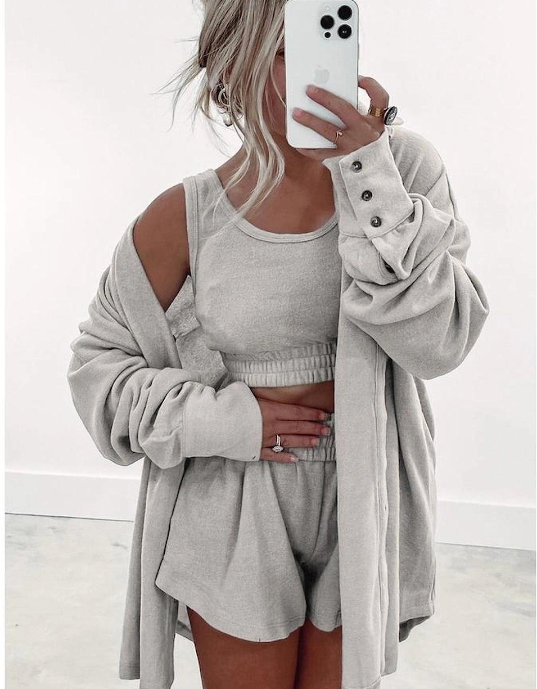 Gray 3 Pcs Crop Tank Top Shorts with Cardigan Lounge Set