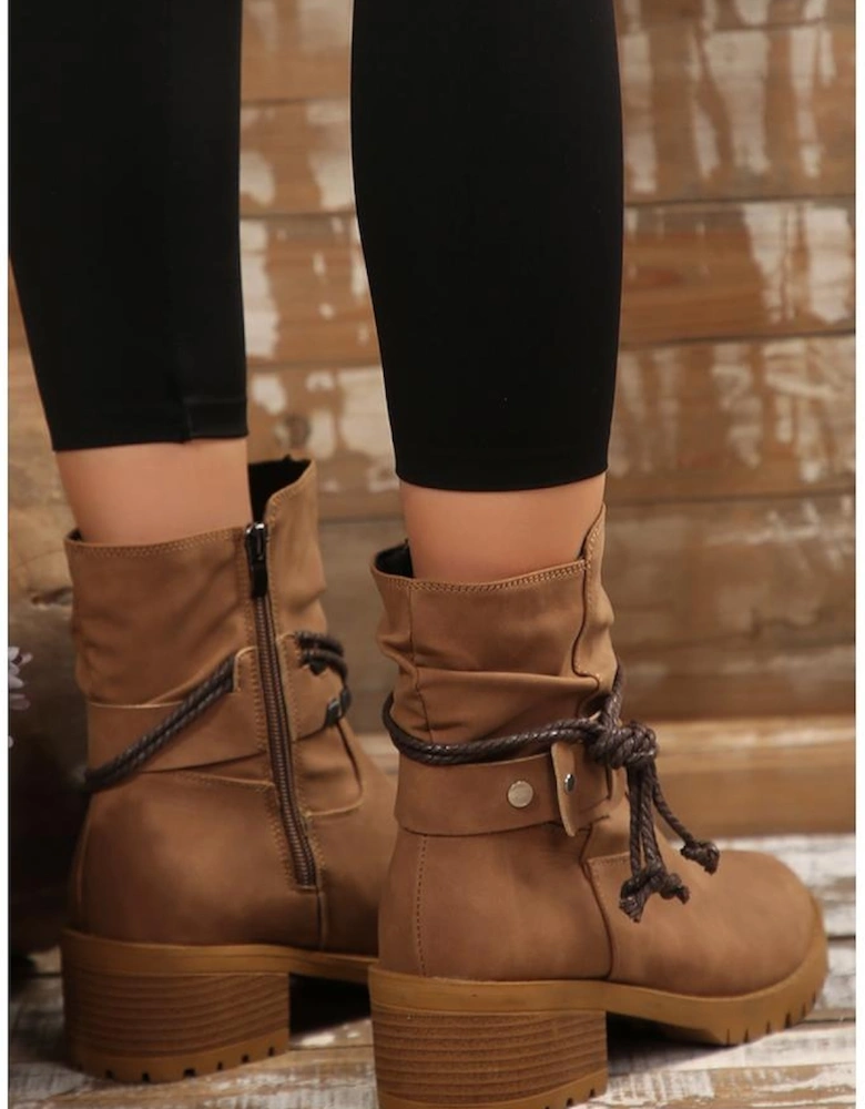 Chestnut Suede Woven Lace-up Strap Side Zip Boots