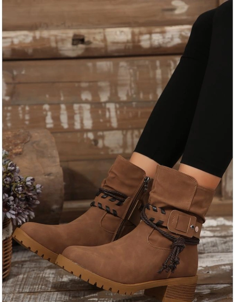 Chestnut Suede Woven Lace-up Strap Side Zip Boots