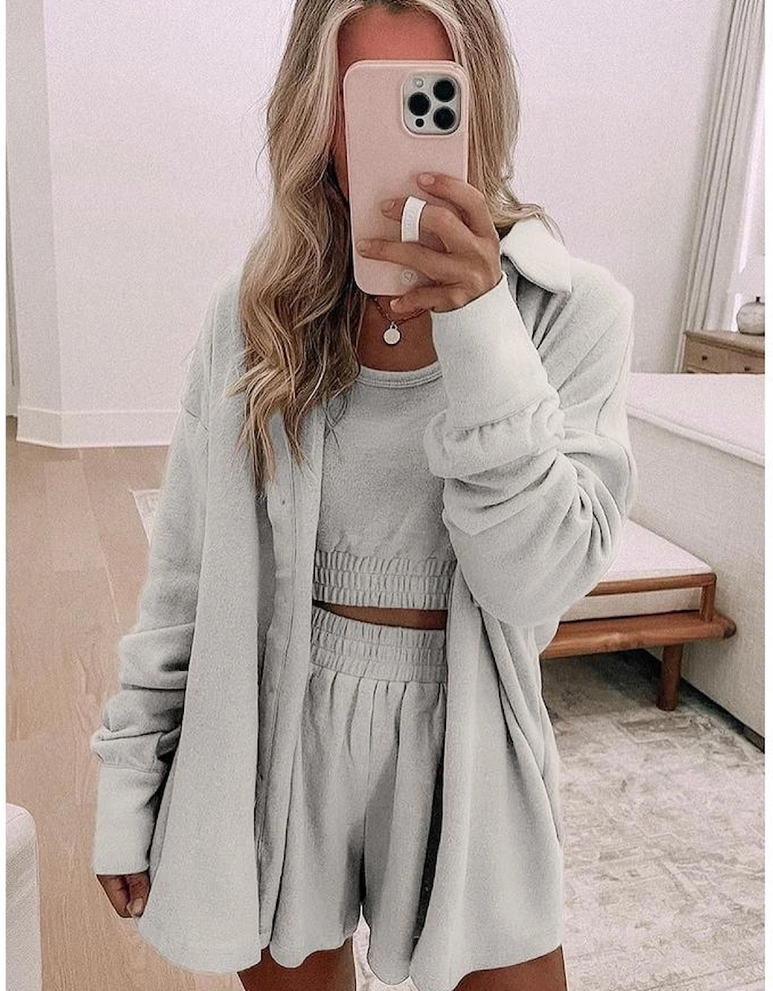 Gray 3 Pcs Crop Tank Top Shorts with Cardigan Lounge Set, 16 of 15