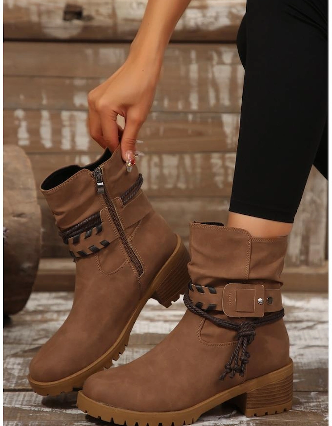 Chestnut Suede Woven Lace-up Strap Side Zip Boots