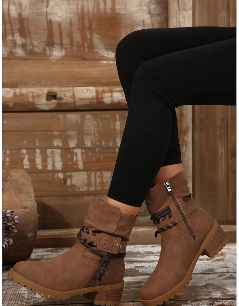 Chestnut Suede Woven Lace-up Strap Side Zip Boots