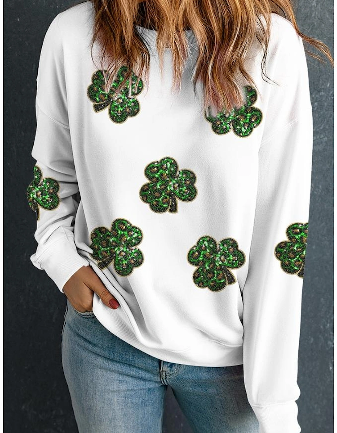 White Sequin Clover Patched Pattern St Patrick Pullover Sweatshirt