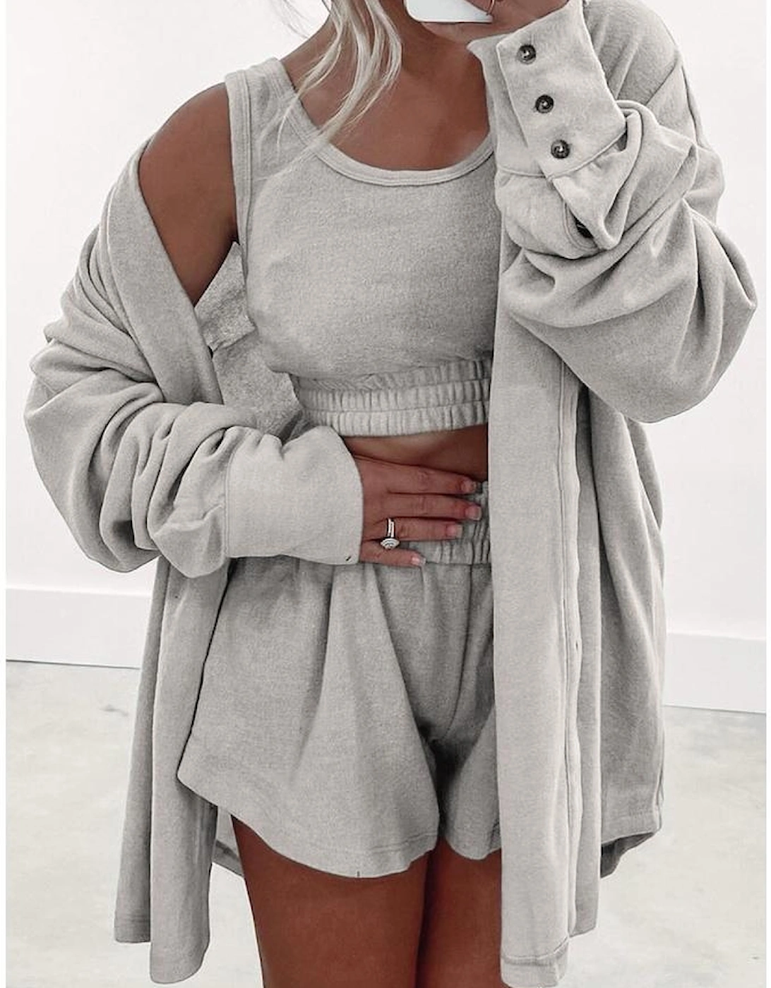 Gray 3 Pcs Crop Tank Top Shorts with Cardigan Lounge Set