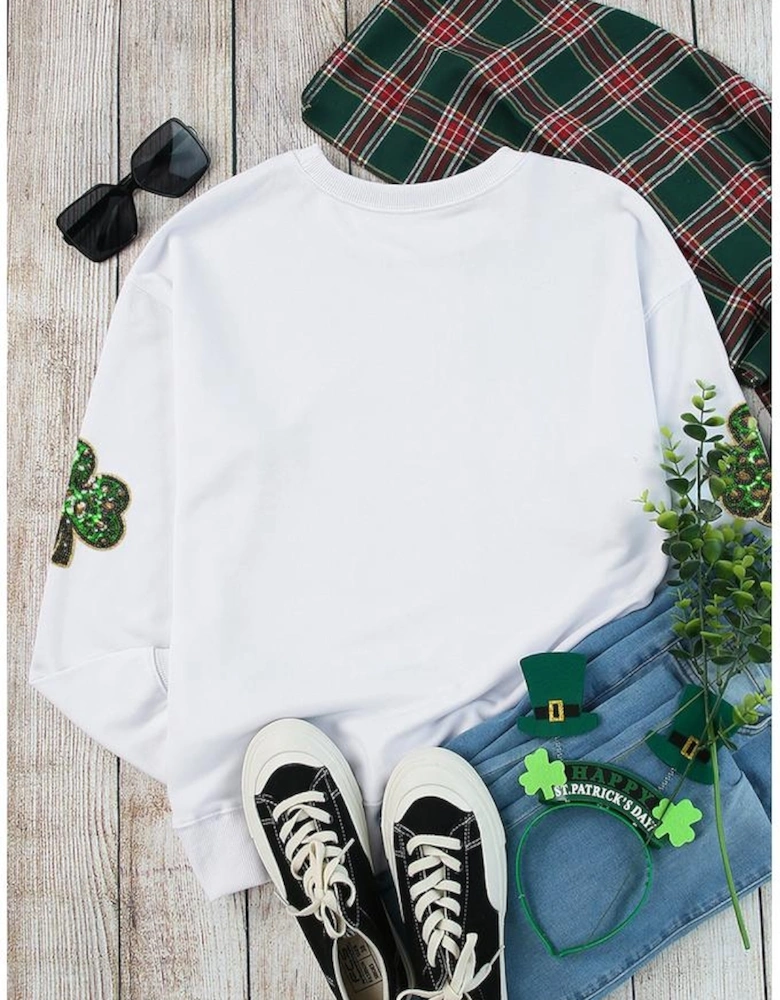 White Sequin Clover Patched Pattern St Patrick Pullover Sweatshirt