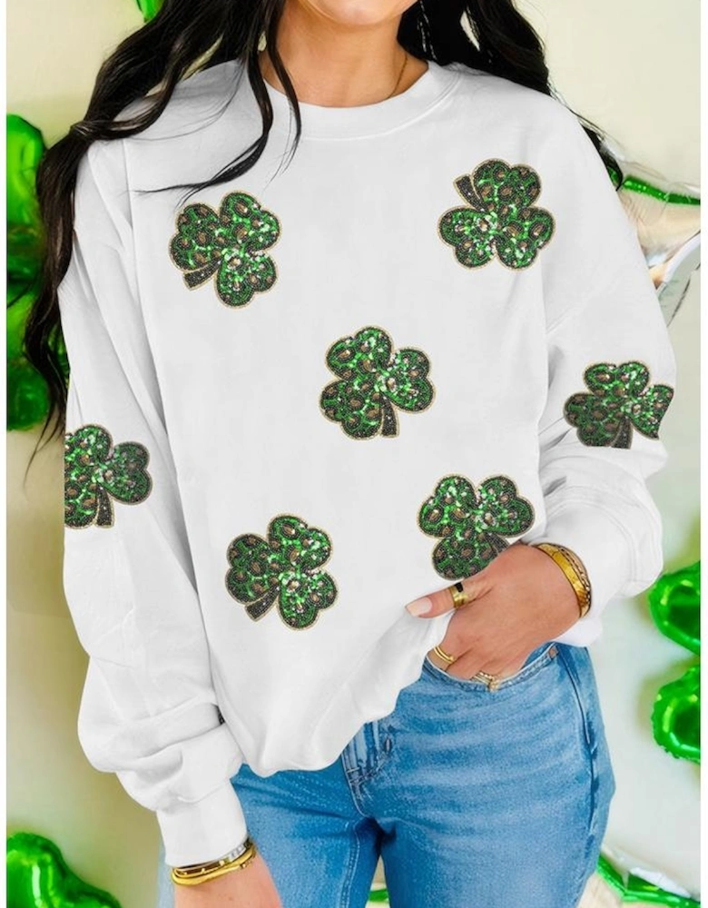 White Sequin Clover Patched Pattern St Patrick Pullover Sweatshirt