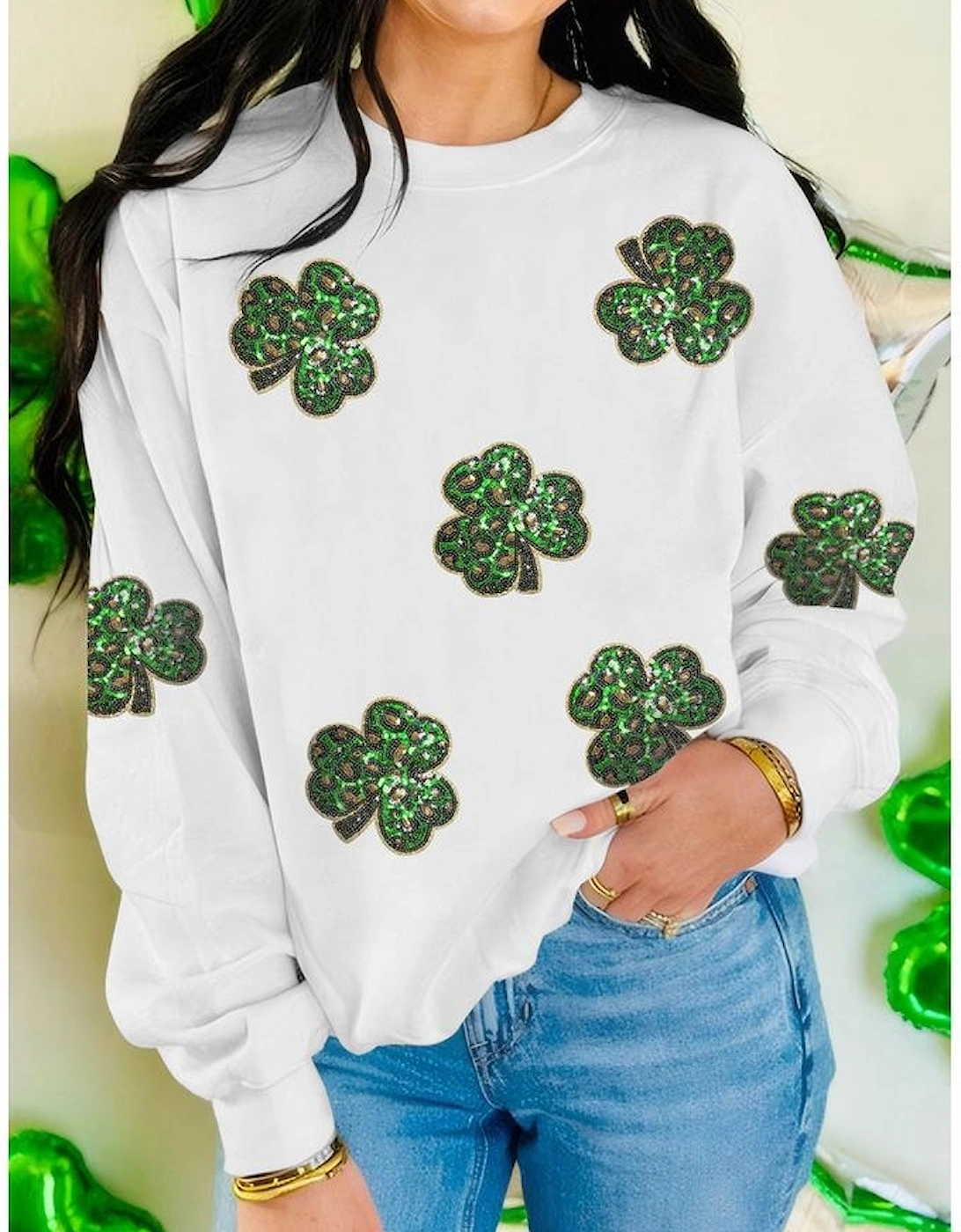 White Sequin Clover Patched Pattern St Patrick Pullover Sweatshirt, 7 of 6