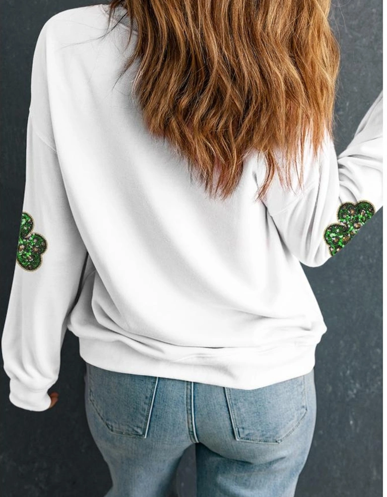 White Sequin Clover Patched Pattern St Patrick Pullover Sweatshirt
