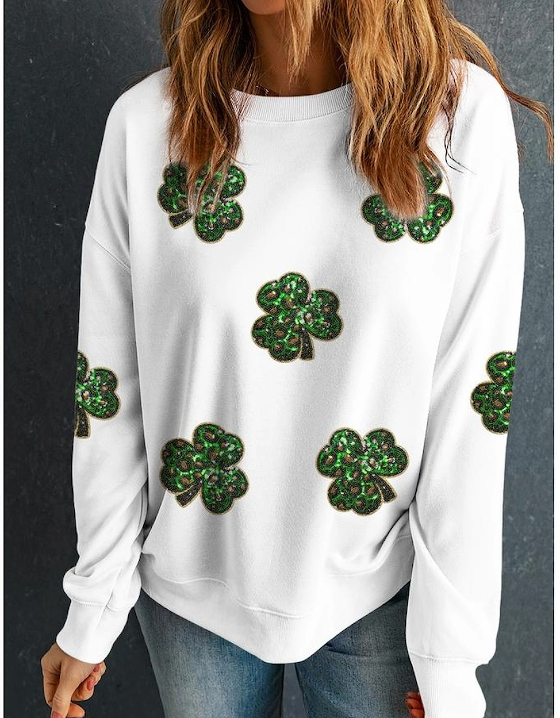 White Sequin Clover Patched Pattern St Patrick Pullover Sweatshirt