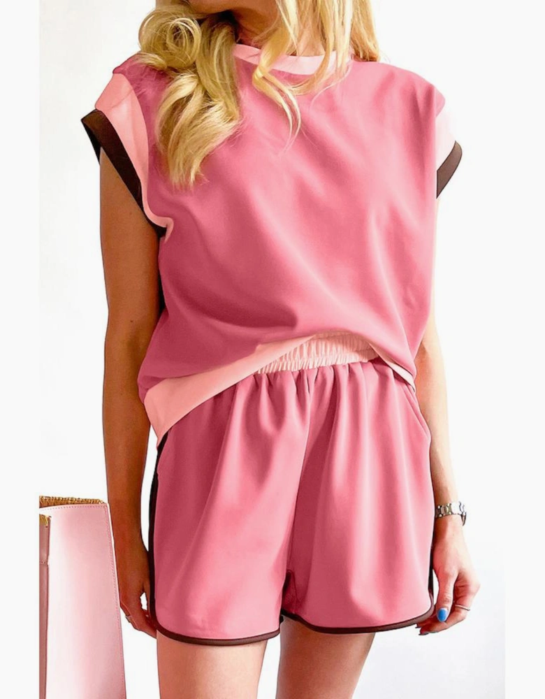 Peach Blossom Contrast Trim Cap Sleeve Tee Shorts Set