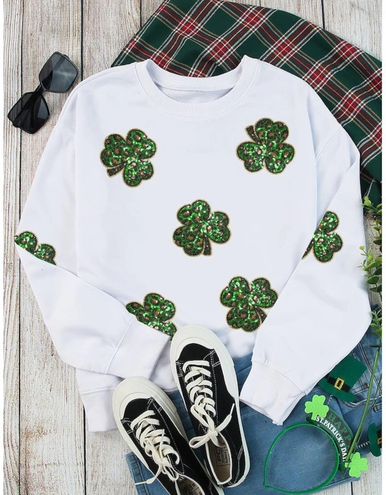 White Sequin Clover Patched Pattern St Patrick Pullover Sweatshirt
