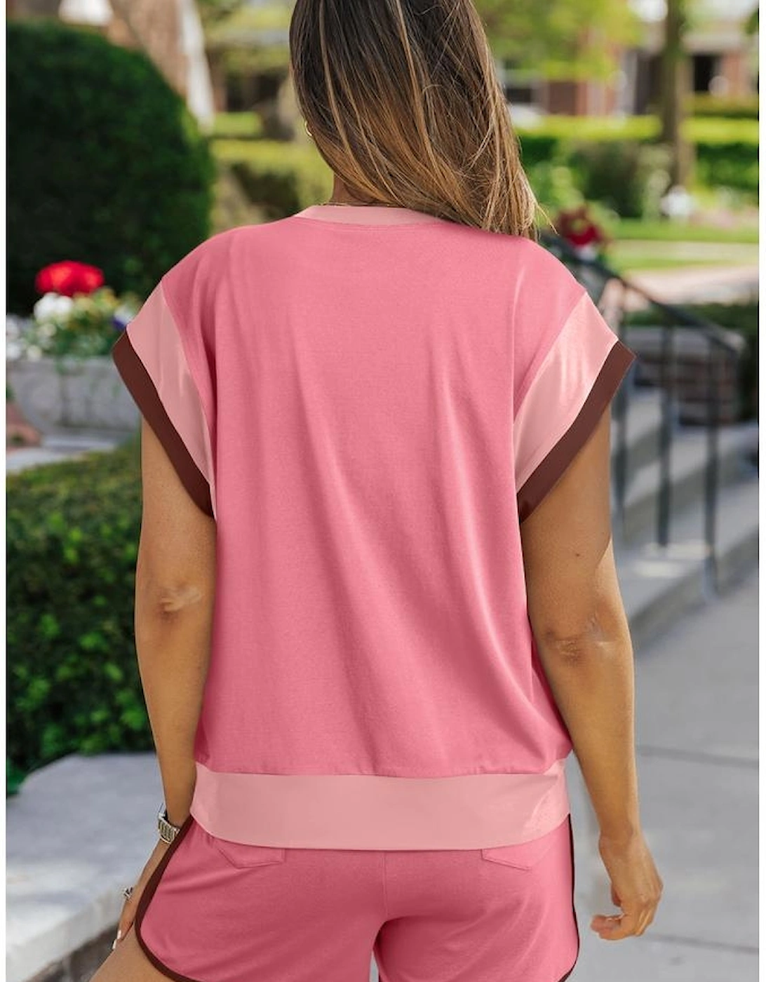 Peach Blossom Contrast Trim Cap Sleeve Tee Shorts Set, 14 of 13