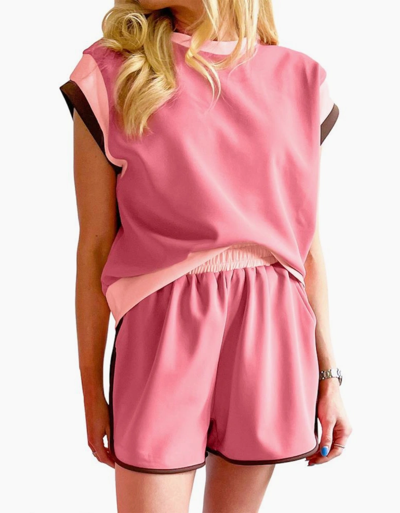 Peach Blossom Contrast Trim Cap Sleeve Tee Shorts Set