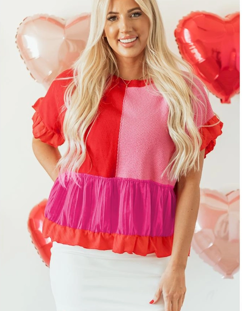 Tomato Red Mix Knitted Patchwork Ruffle Trim Loose Sweater