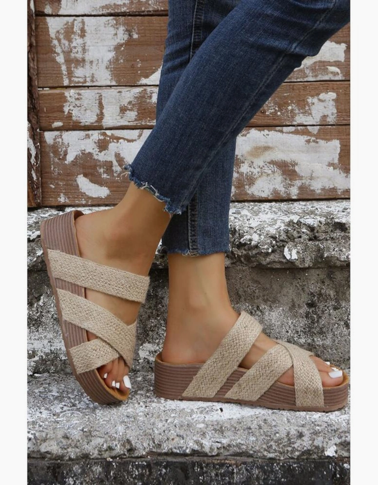 Beige Woven Cross Criss Hollowed Slip-On Slippers