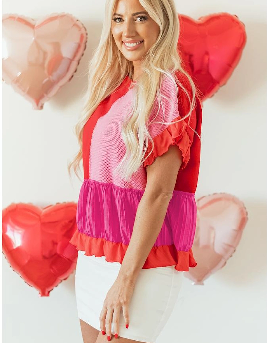 Tomato Red Mix Knitted Patchwork Ruffle Trim Loose Sweater