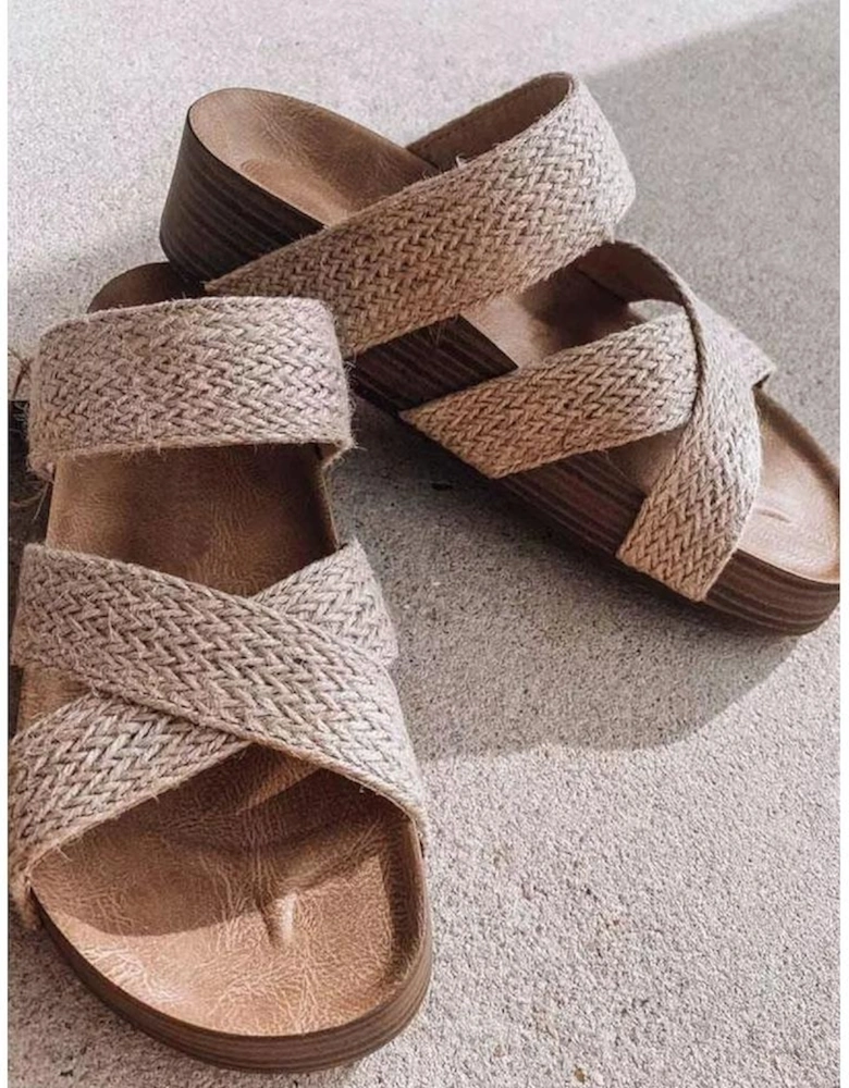Beige Woven Cross Criss Hollowed Slip-On Slippers