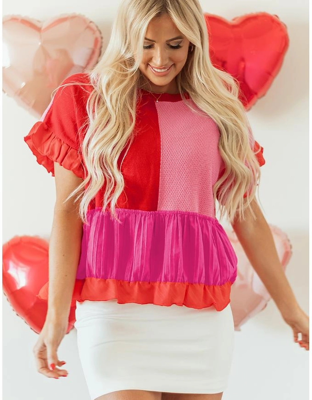 Tomato Red Mix Knitted Patchwork Ruffle Trim Loose Sweater