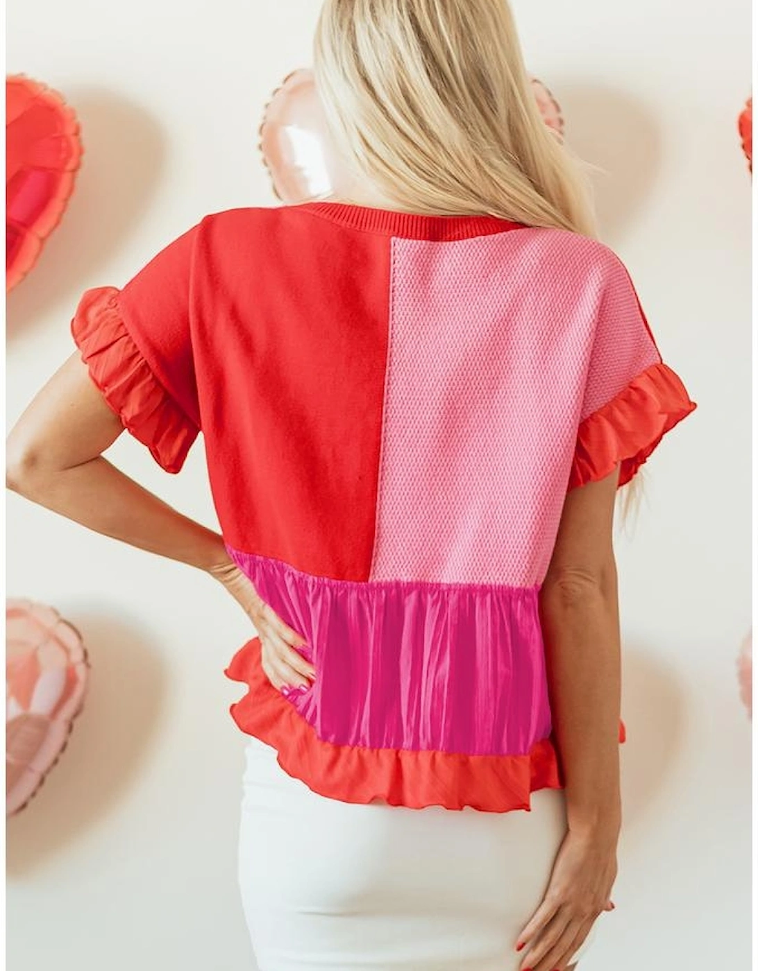 Tomato Red Mix Knitted Patchwork Ruffle Trim Loose Sweater