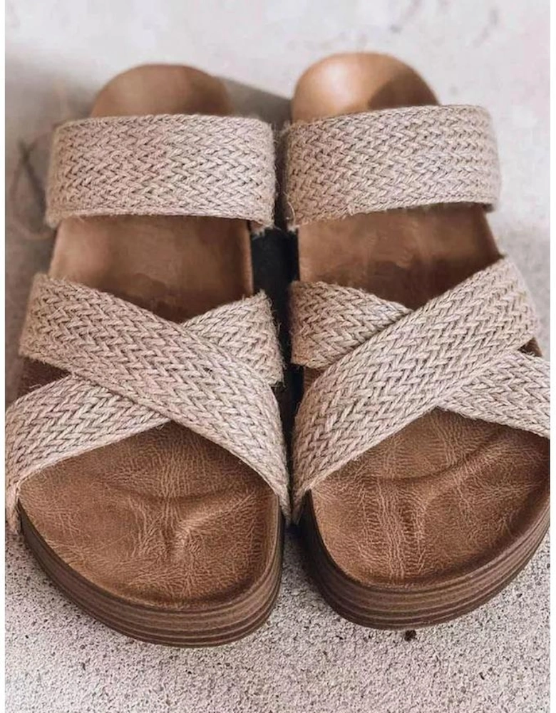 Beige Woven Cross Criss Hollowed Slip-On Slippers