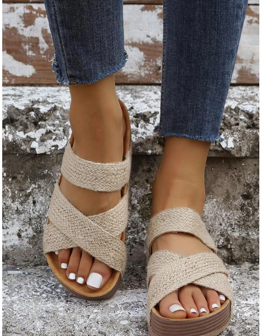 Beige Woven Cross Criss Hollowed Slip-On Slippers