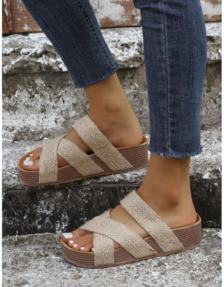 Beige Woven Cross Criss Hollowed Slip-On Slippers