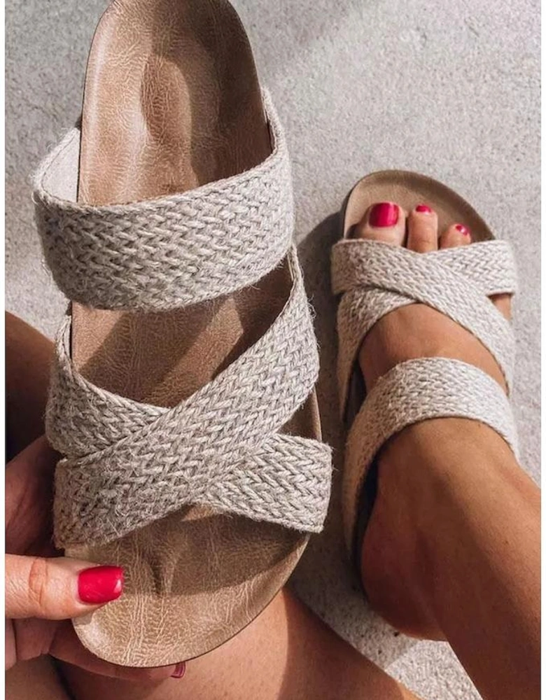Beige Woven Cross Criss Hollowed Slip-On Slippers
