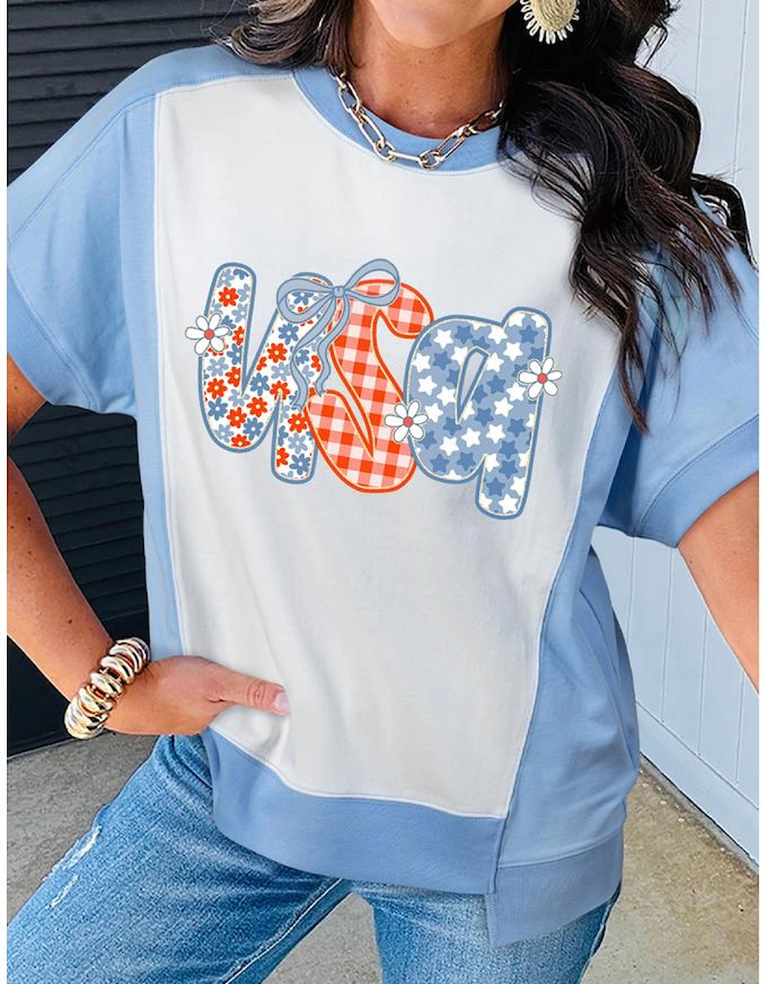 Sky Blue Star Plaid Flower USA Graphic Color Block Crewneck T Shirt