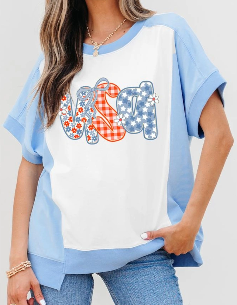 Sky Blue Star Plaid Flower USA Graphic Color Block Crewneck T Shirt