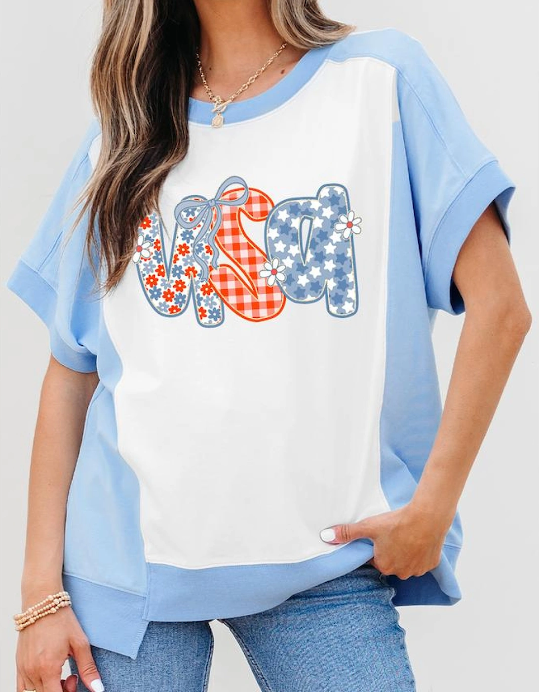 Sky Blue Star Plaid Flower USA Graphic Color Block Crewneck T Shirt, 8 of 7