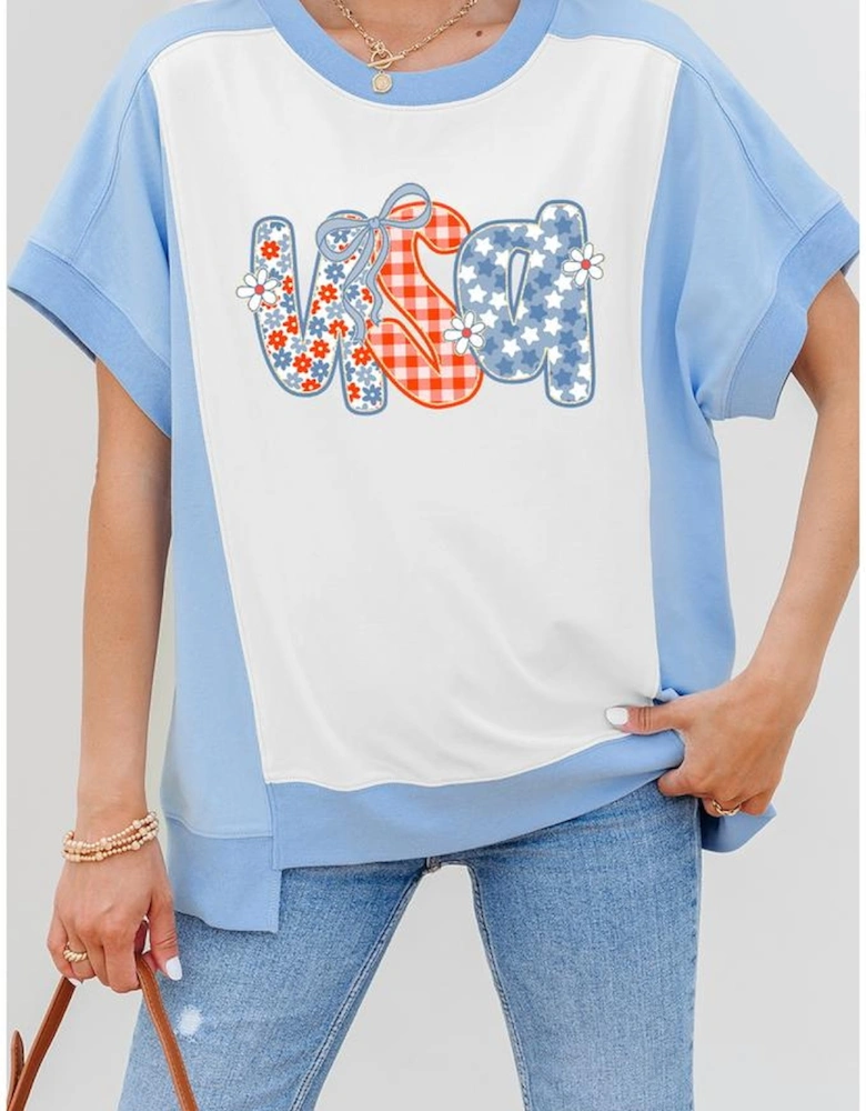 Sky Blue Star Plaid Flower USA Graphic Color Block Crewneck T Shirt