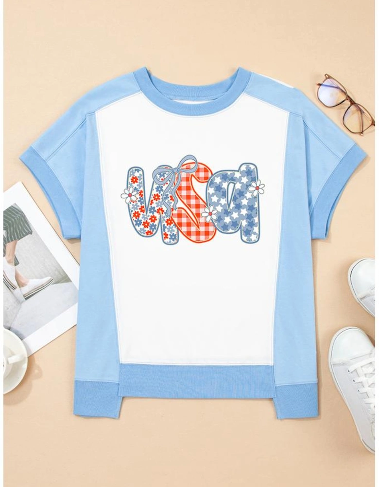 Sky Blue Star Plaid Flower USA Graphic Color Block Crewneck T Shirt