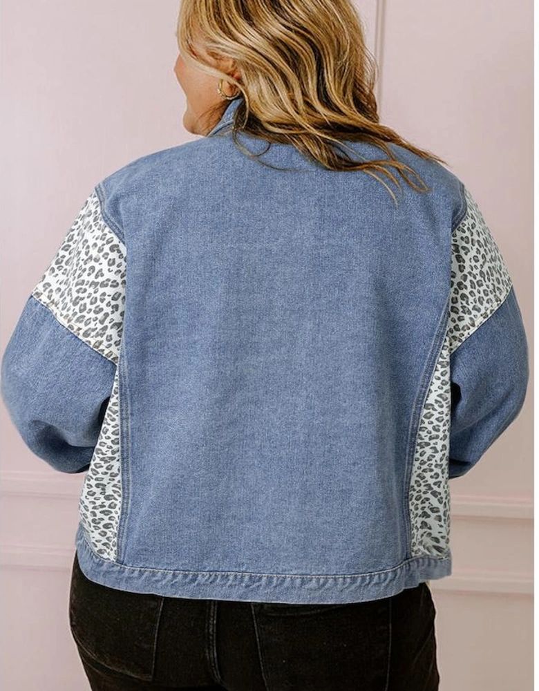 Beau Blue Leopard Patchwork Flap Detail Plus Size Denim Jacket