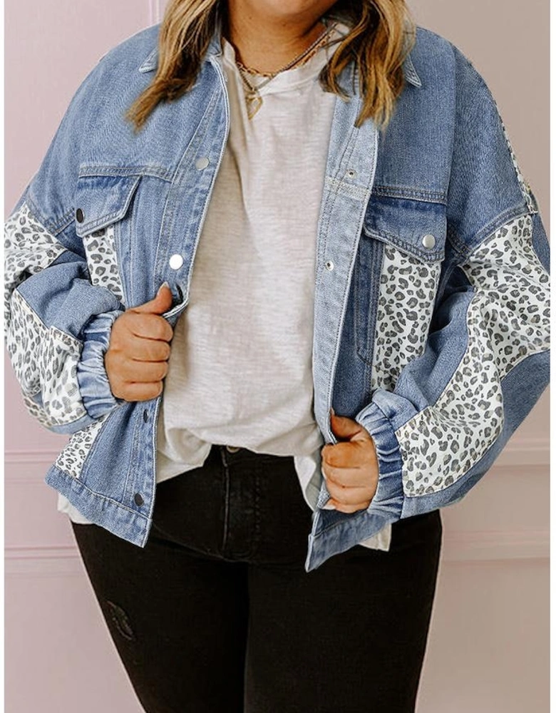Beau Blue Leopard Patchwork Flap Detail Plus Size Denim Jacket