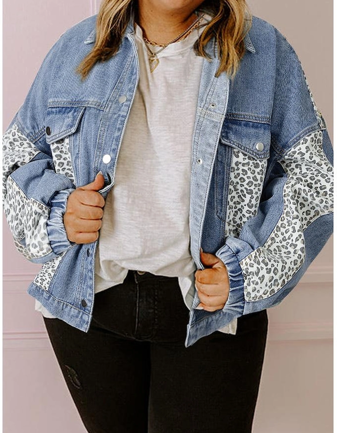Beau Blue Leopard Patchwork Flap Detail Plus Size Denim Jacket, 10 of 9