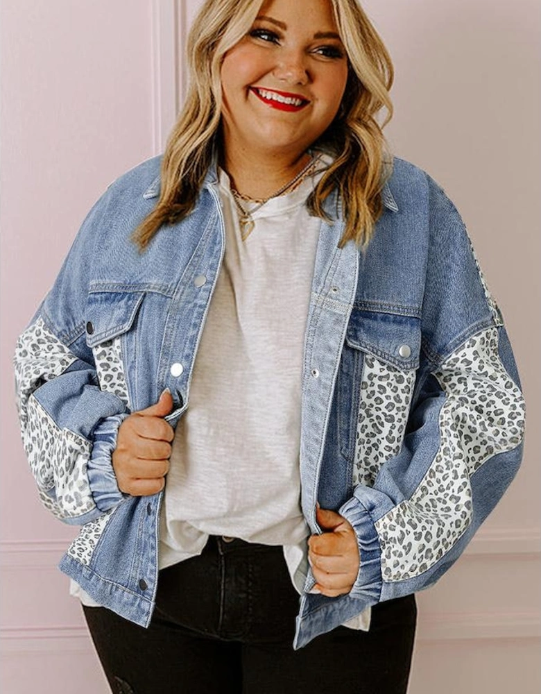 Beau Blue Leopard Patchwork Flap Detail Plus Size Denim Jacket